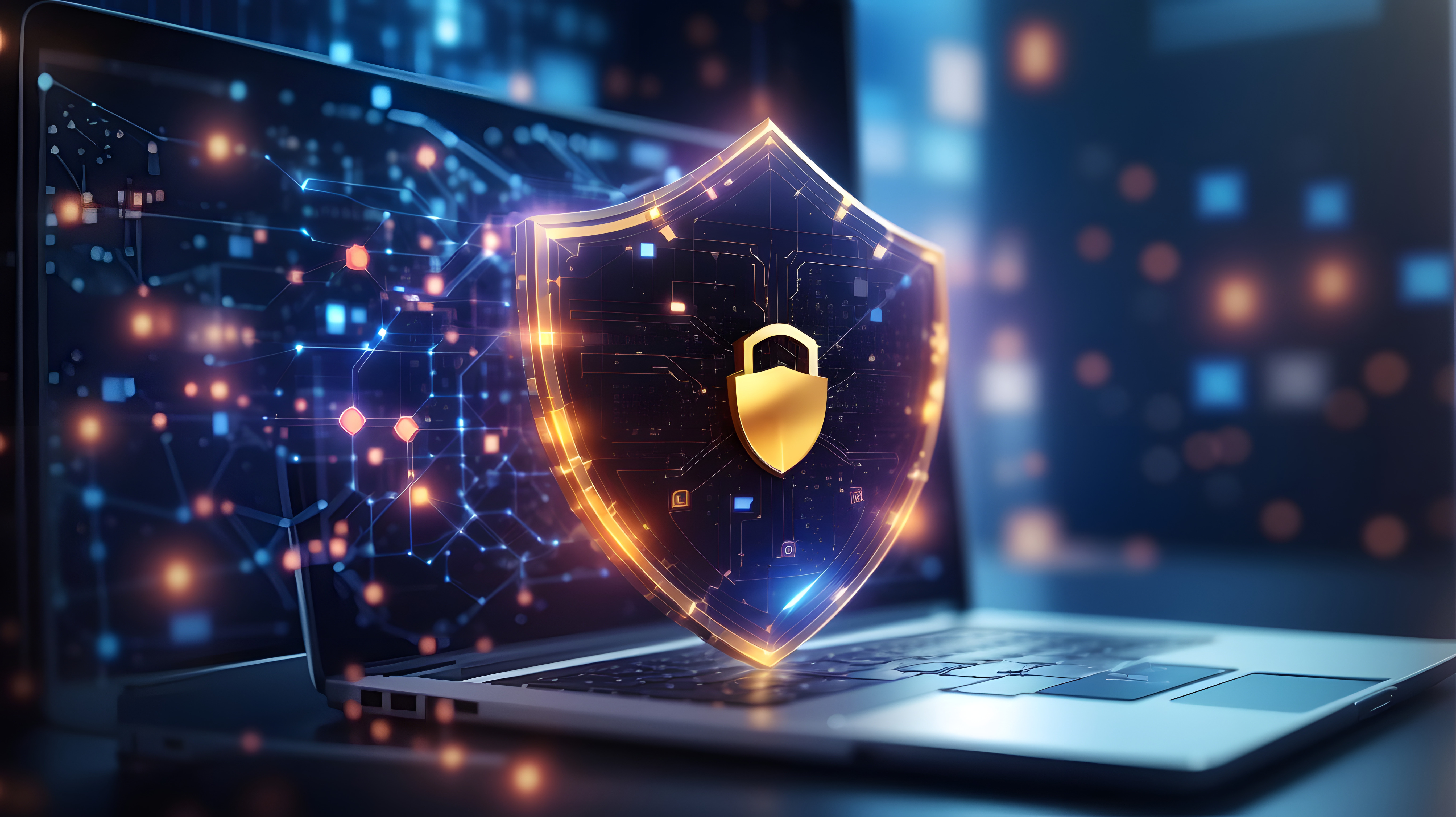 Gemanagter Business-Laptop mit Sicherheitsschild und Update-Überwachung